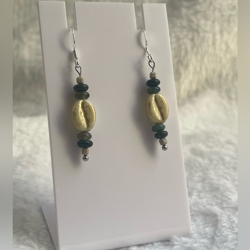 Cream and gold coffee bean earrings, green stone beads. 925 silver hooks.